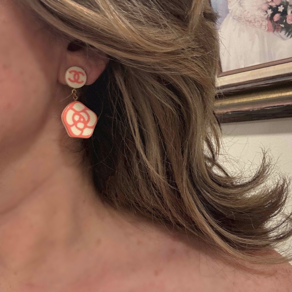 CHANEL Pink and Cream camelia clip on Earrings
